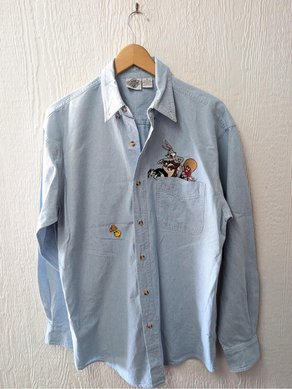Vtg Y2K 90s Warner Brothers Looney Tunes Shirt Embroidered Cotton Men's Medium